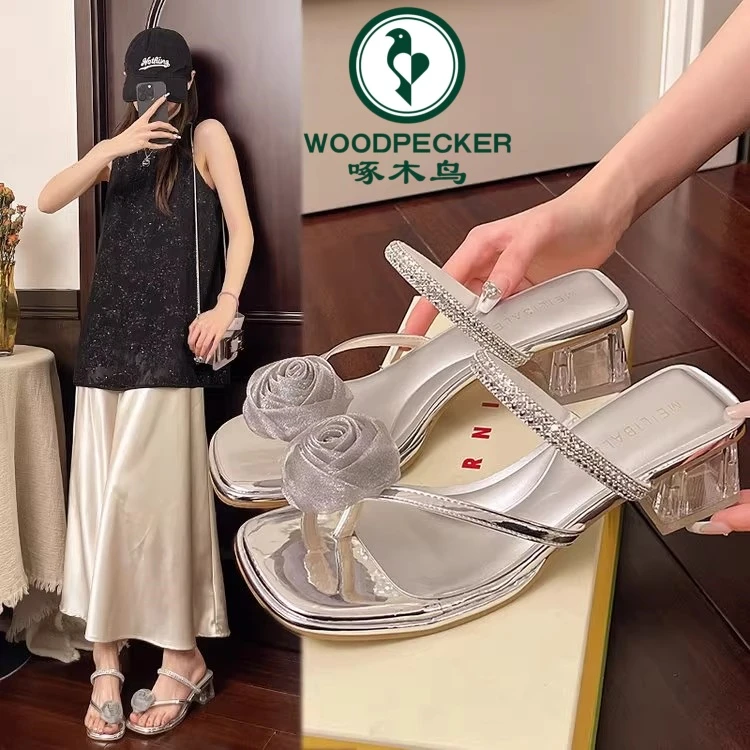 啄木鸟仙女风花朵套趾凉拖鞋女夏季外穿2025新款气质粗跟夹趾凉鞋