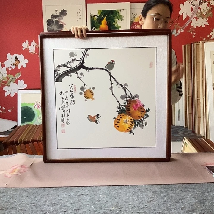 国画手写手绘带框包邮国画作品62✖️62