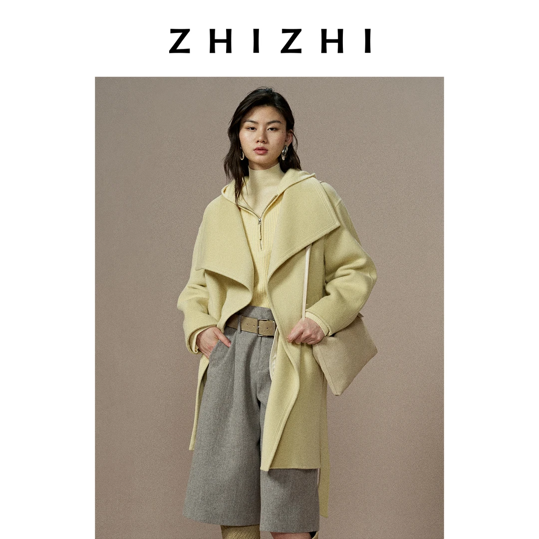致知 遥挽月 羊绒一粒扣斜门襟中长大衣女中长款外套 ZZ2EWWWQ025