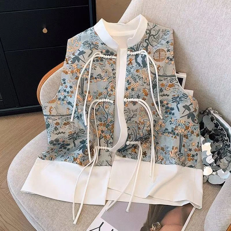 （发财树拼接）中式外穿马夹春季新款提花拼接马甲时尚洋气无袖