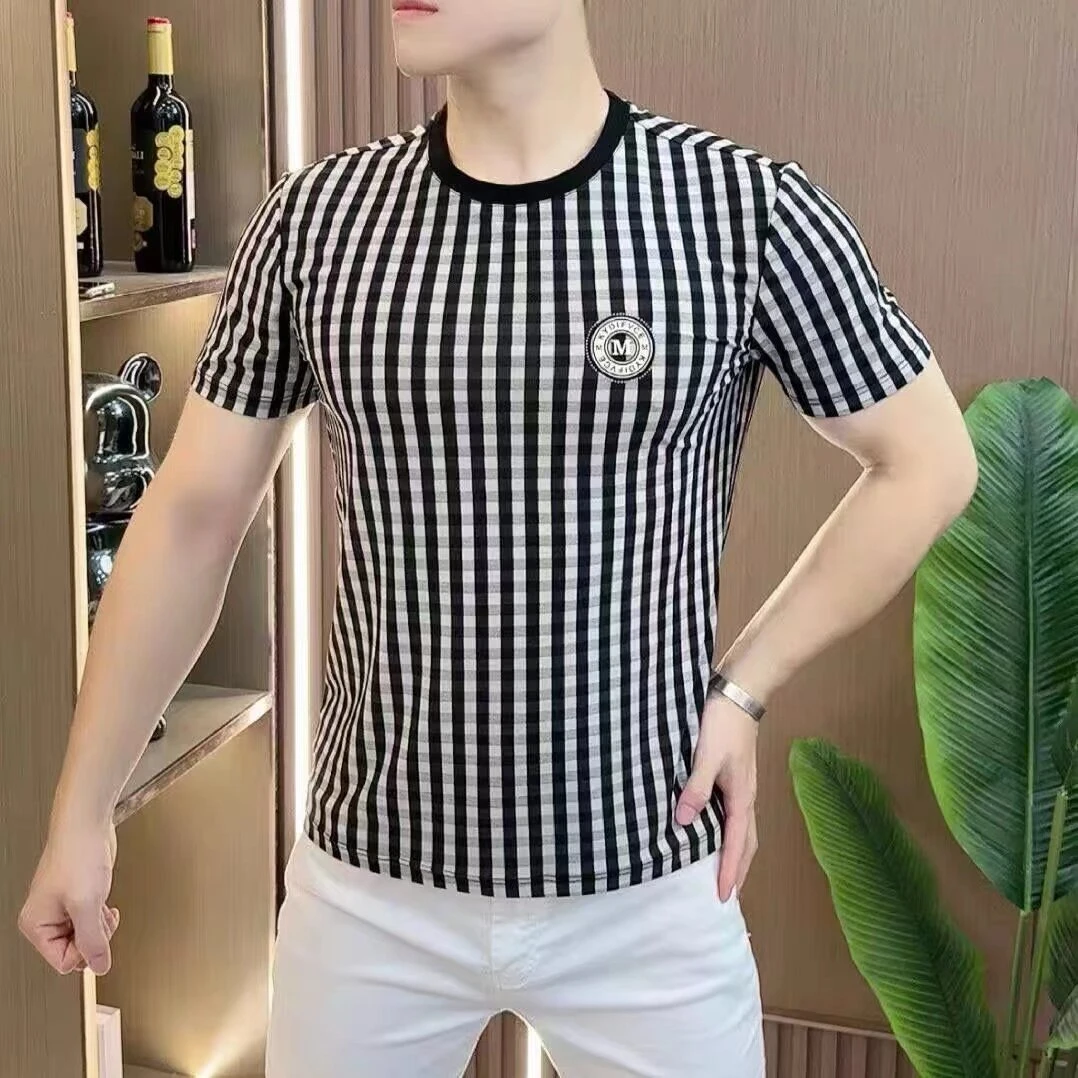 男士夏季欧版时尚款冰丝格子百搭短袖凉感T