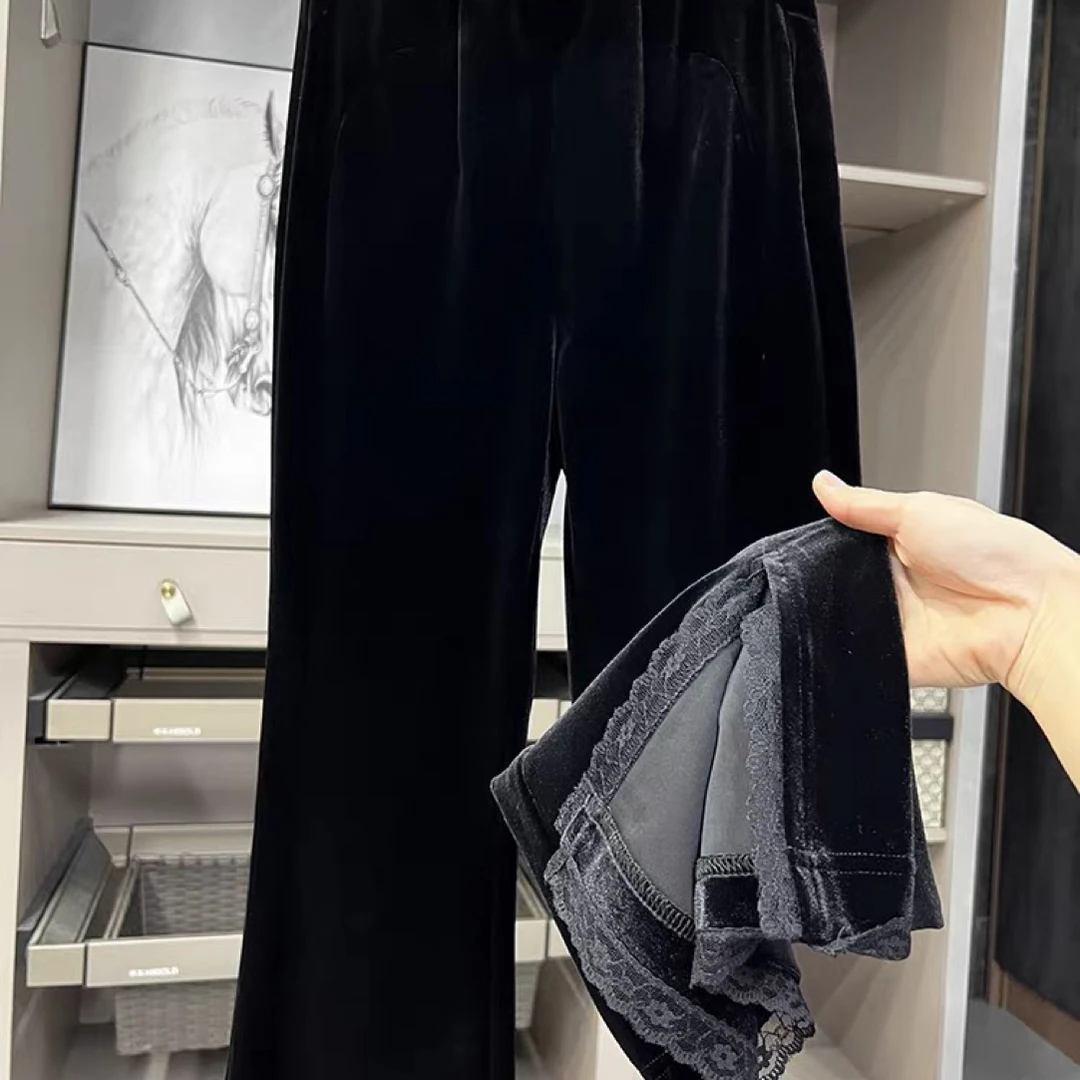 D50437黑色修身百搭开叉丝绒超模休闲裤