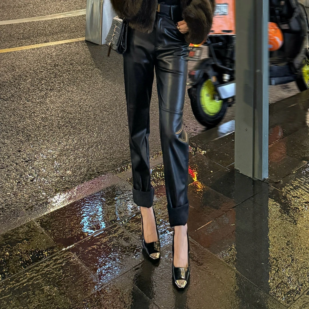 WANWAN秋冬新款 高定贵气质感黑色皮裤JJQ5PK0341