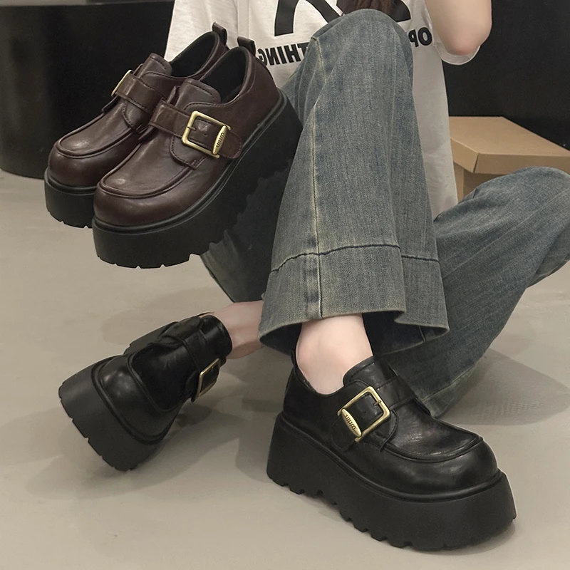 6CM~魔术贴小皮鞋女2025秋季新款复古英伦风厚底增高百搭乐福单鞋