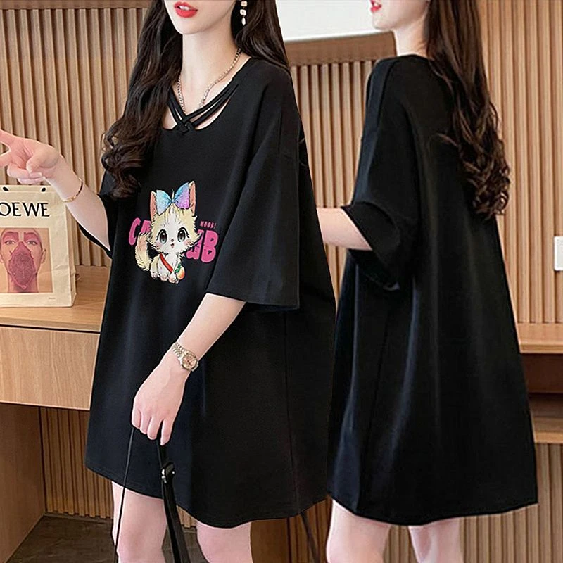 胖mm大码洋气纯棉短袖t恤女2025夏季新款宽松百搭中长款半袖上衣