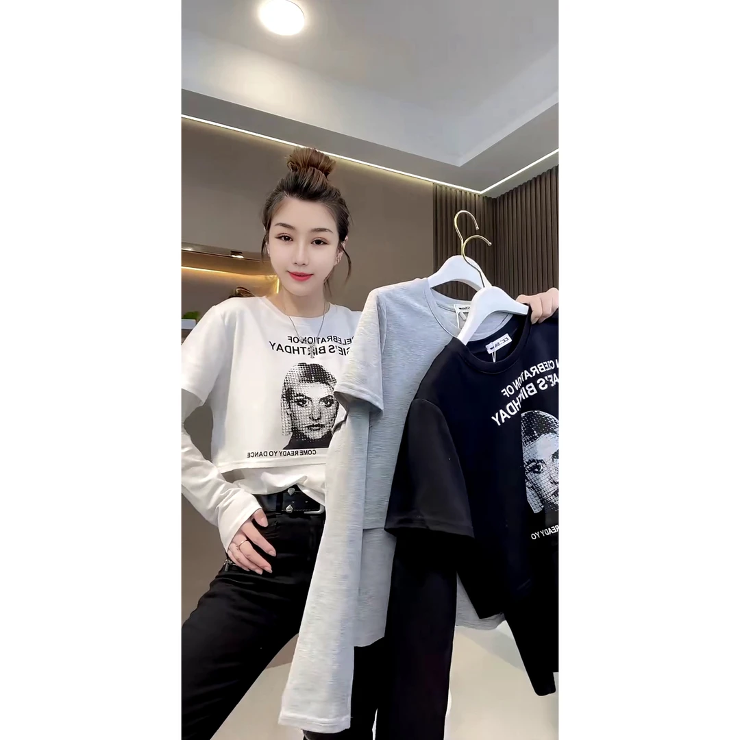 欧货时尚显瘦印花美女假两件长袖T恤