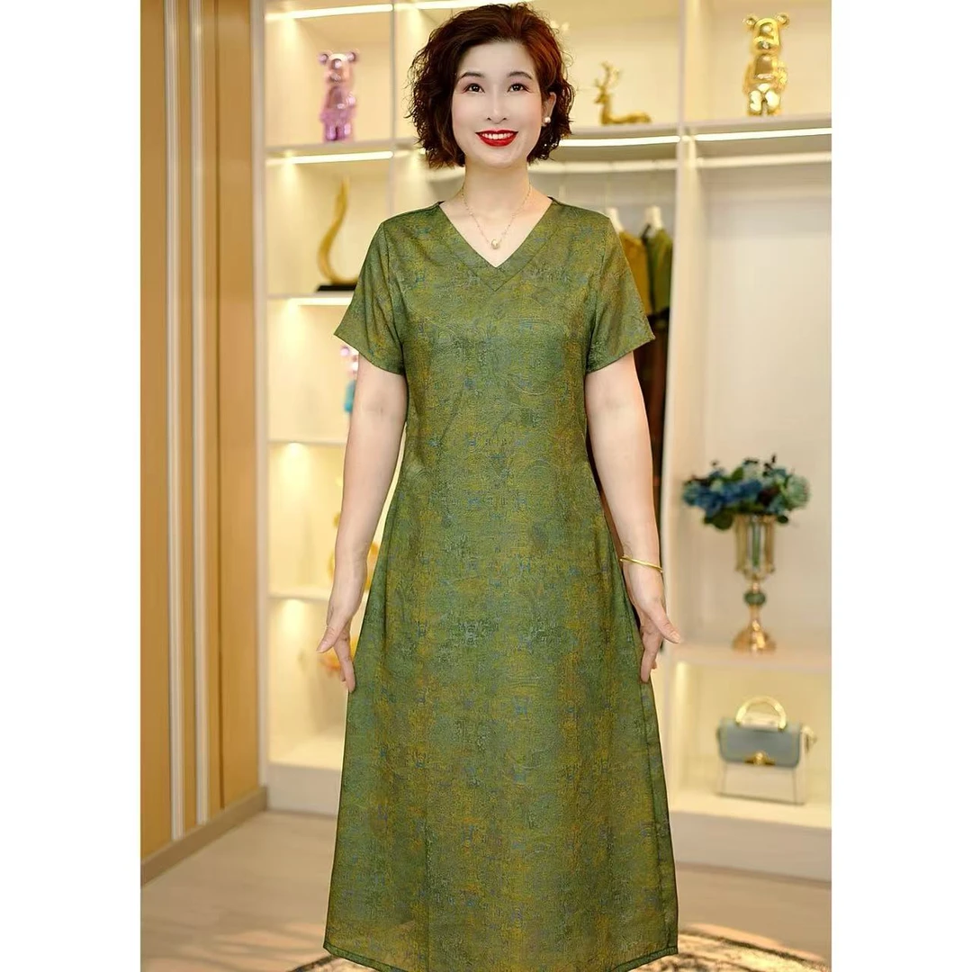 【奢洋】时尚新款气质宽松大码妈妈装连衣裙（绿色幻影）