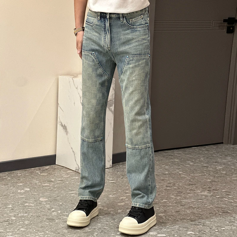 2025春夏美式复古宽松直筒设计牛仔裤男士水洗休闲工装潮牌长裤子