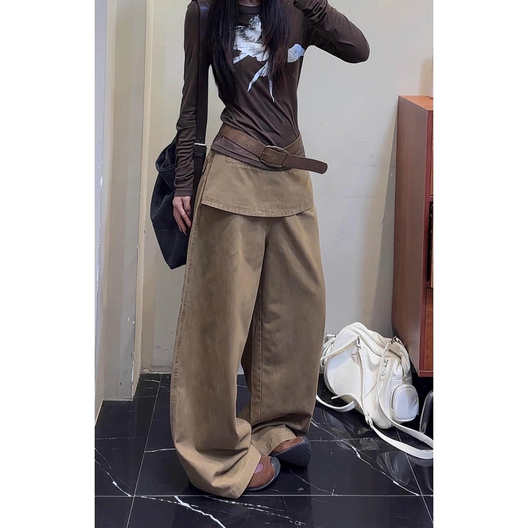 复古显瘦时尚百搭宽松秋季女装长裤网红阔腿裤美式复古卡其色