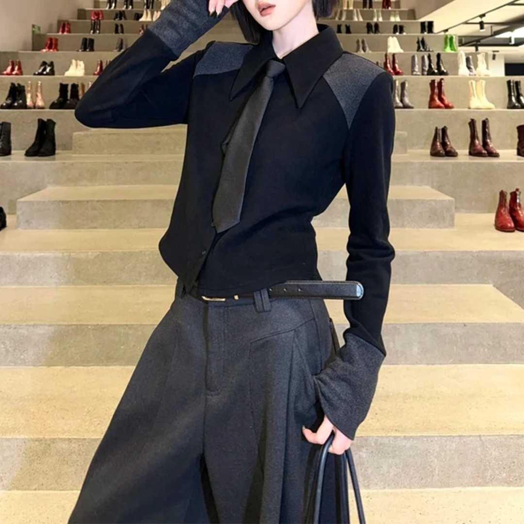 秋冬新款设计感正肩小众显瘦打底上衣时尚韩系气质百搭长袖衬衫女