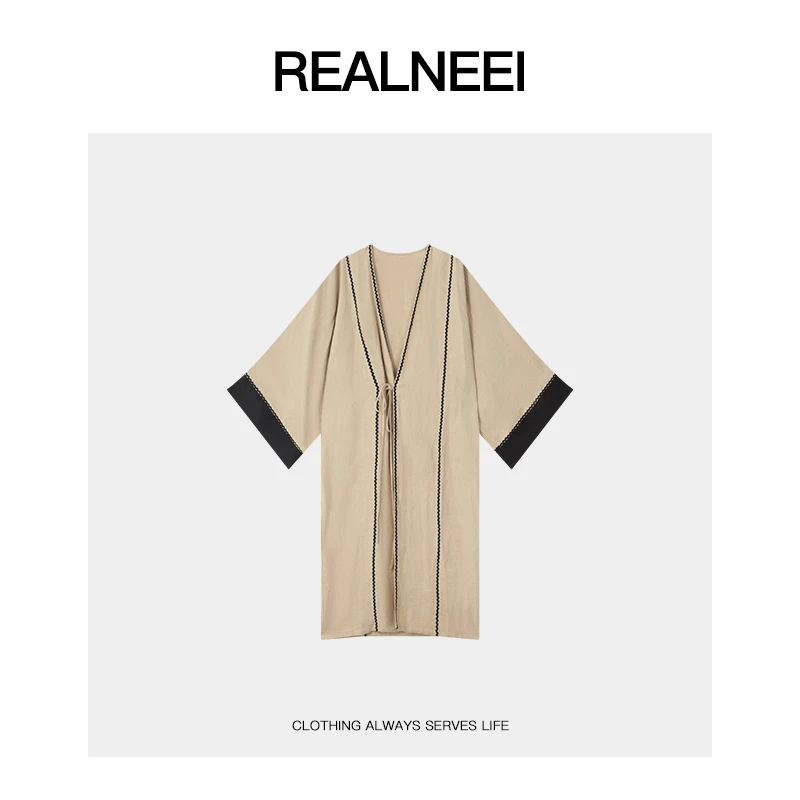 REALNEEI【私服定制】丹宁风亚麻袖口撞色长款百搭垂感外套21454