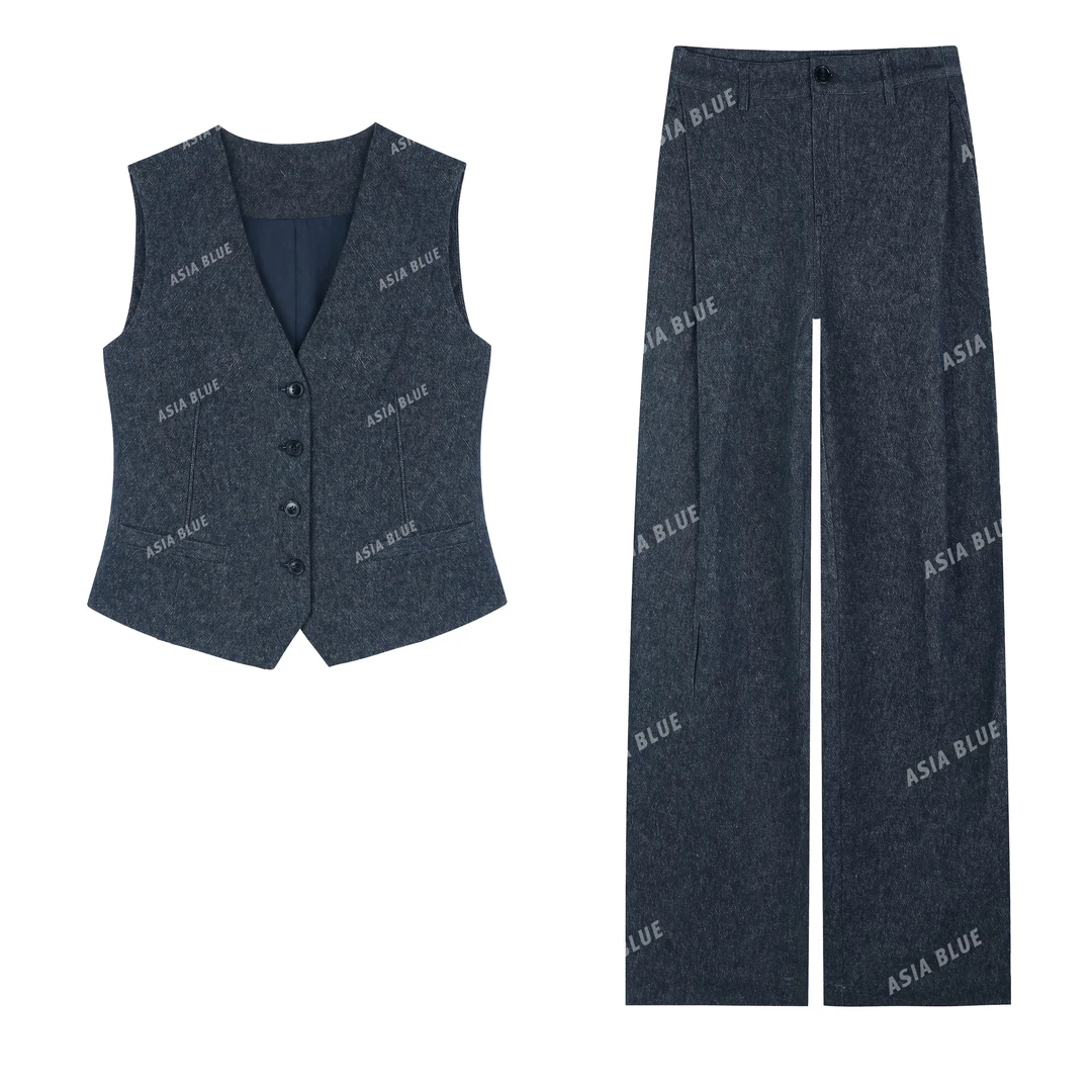 LYY【梨枝】 25春季牛仔亚麻套装直筒长裤马甲背心FQ308