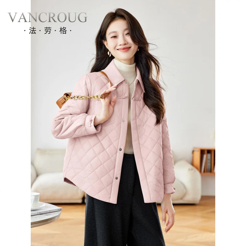 法劳格设计感小翻领菱格纹棉服女2025冬季新款短款加厚保暖减龄棉