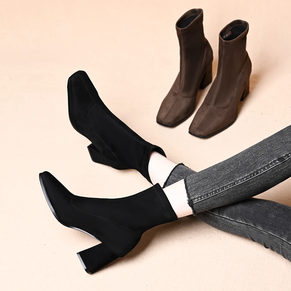 法式方头绒面粗跟弹力瘦瘦靴女袜靴棕色气质高跟韩系小短靴及踝靴