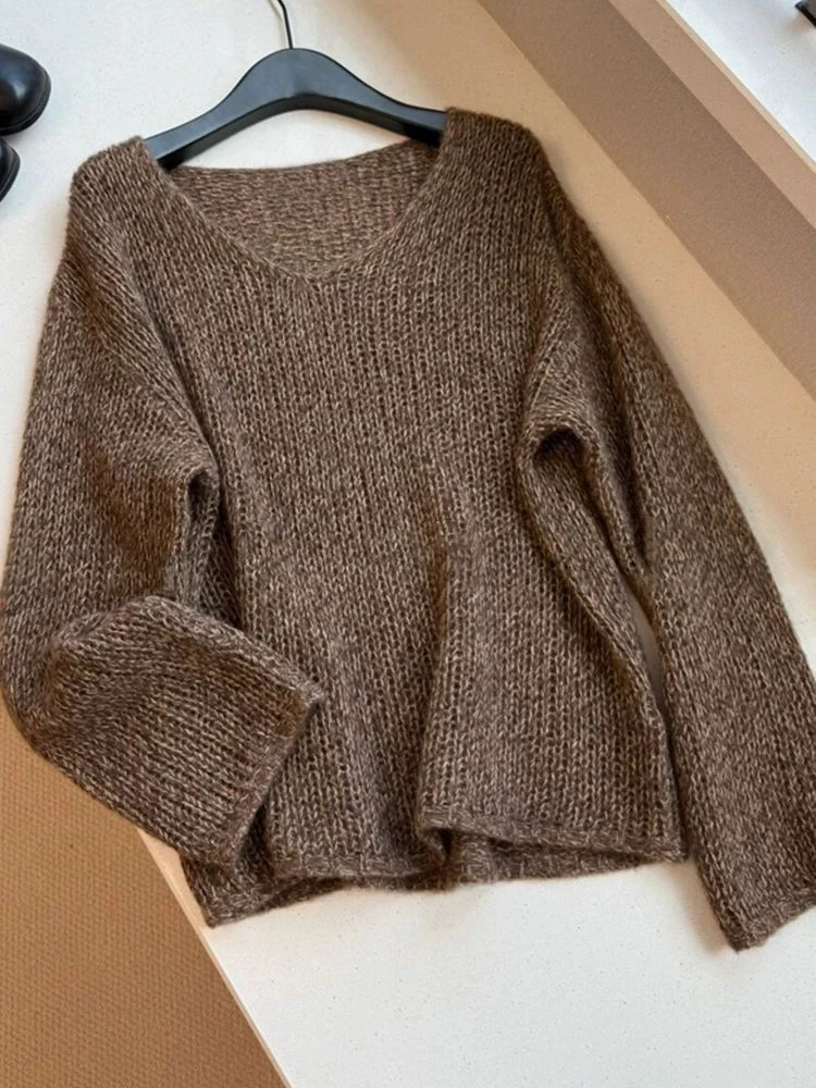 【絮语】慵懒花纱圈圈丝羊绒套头V领针织毛衣SY864