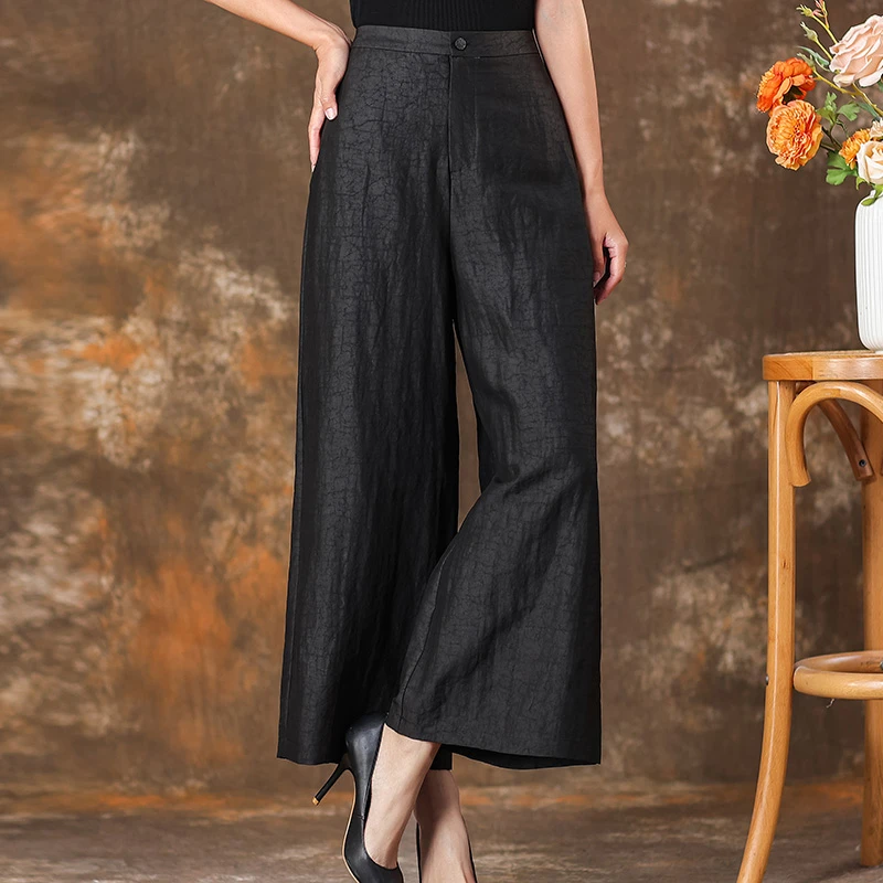 齐黛【玄墨】龟纹香云纱阔腿裤黑色真丝桑蚕丝裤宽松大码裤子