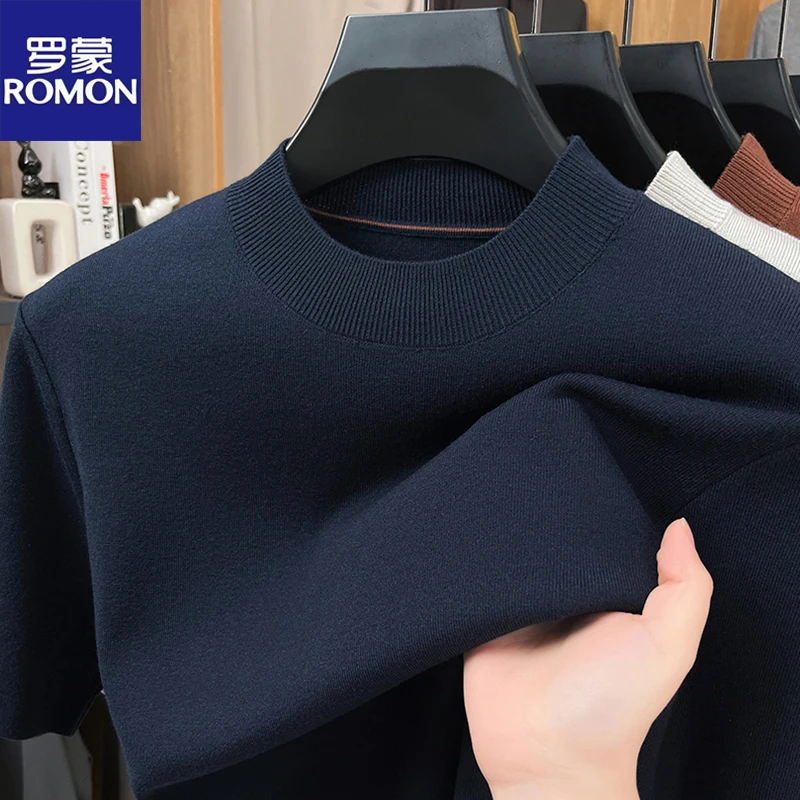 罗蒙2025男士可机洗含绵羊毛短袖针织衫半高领男士圆领打底衫休闲
