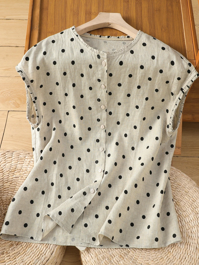 1253文艺气质纯棉波点女士无袖宽松显瘦舒适花边袖口背心上衣女