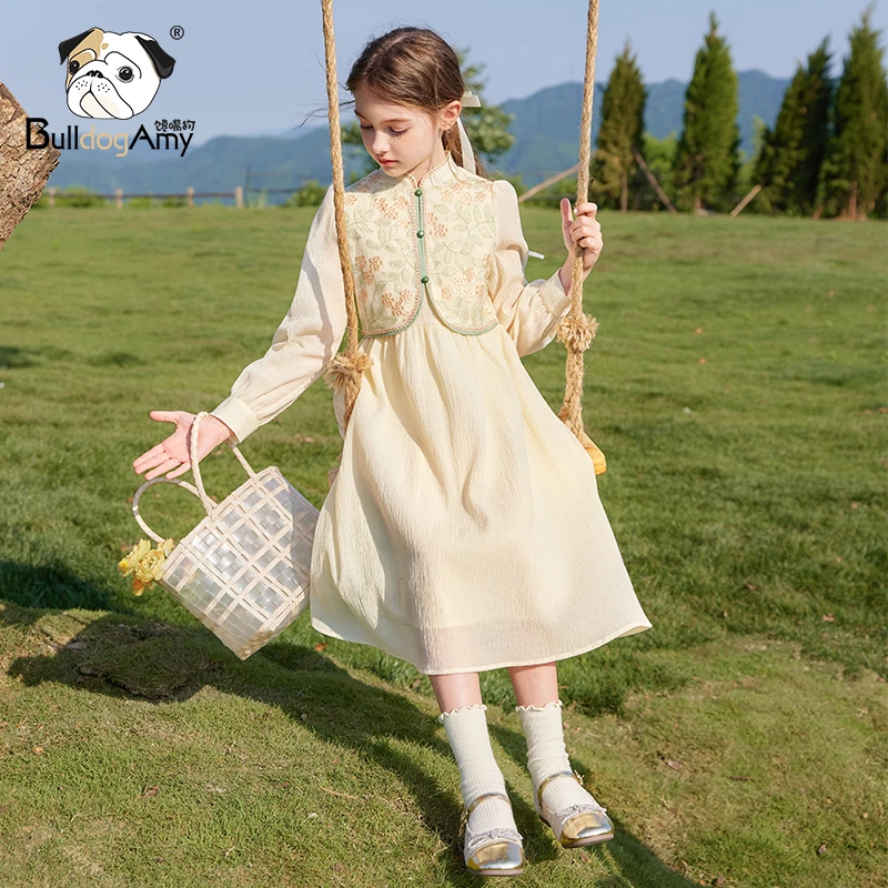 QF943250女童假两件国风连衣裙2025春季新款洋气儿童泡泡袖公主裙