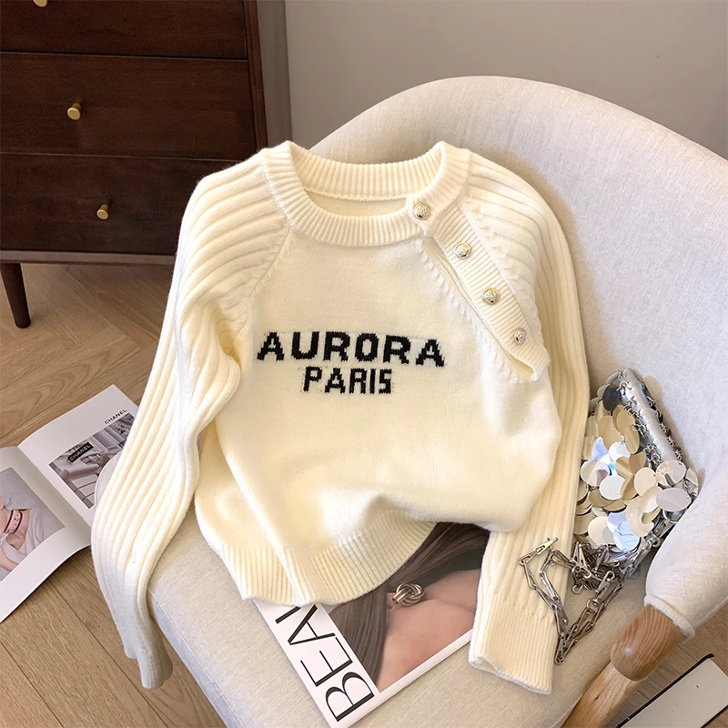 韩系温柔风斜扣圆领撞色毛衣女春秋慵懒软糯针织衫小个子短款上衣