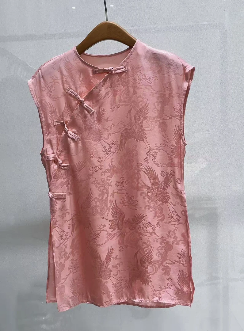 无袖提花薄款新中式印染立领中国风上衣唐装老料斜襟背心复古网红