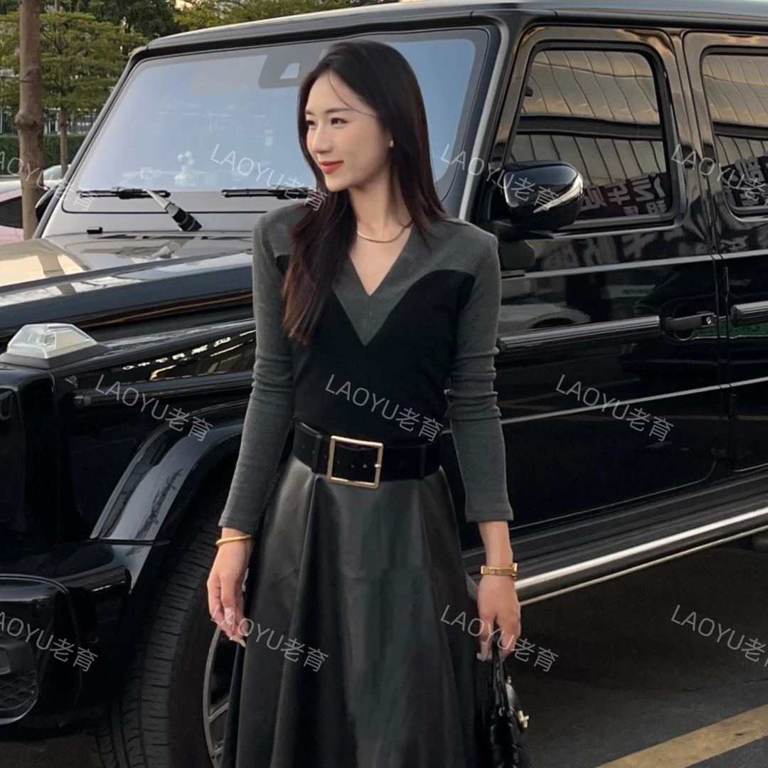 LAOYU（灰黑际遇）秋冬磨毛时尚收腰拼接V领加绒上衣打底T恤