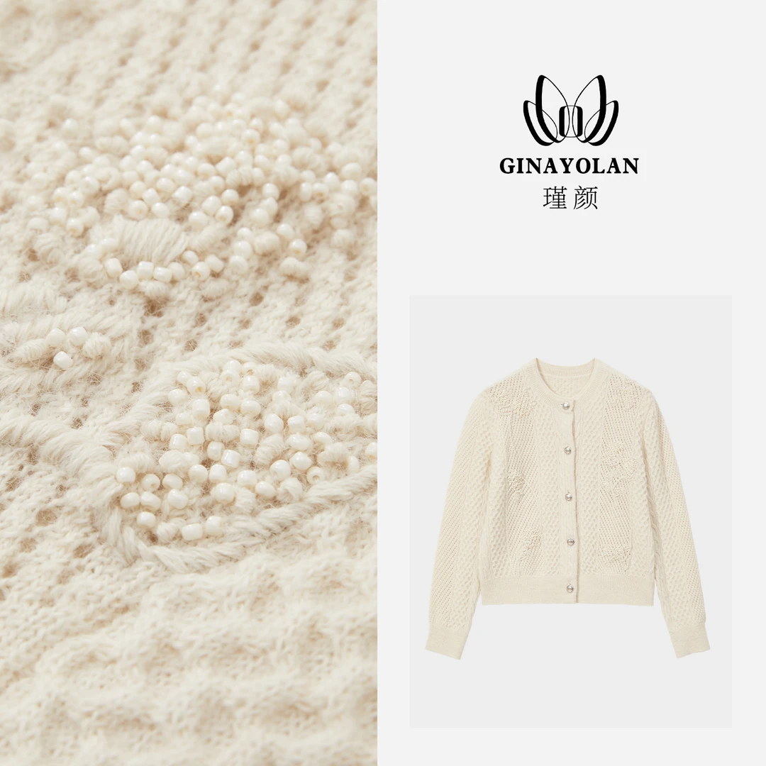 GINAYOLAN/瑾颜【重磅手工】意大利进口面料奢华手工花长袖针织开衫