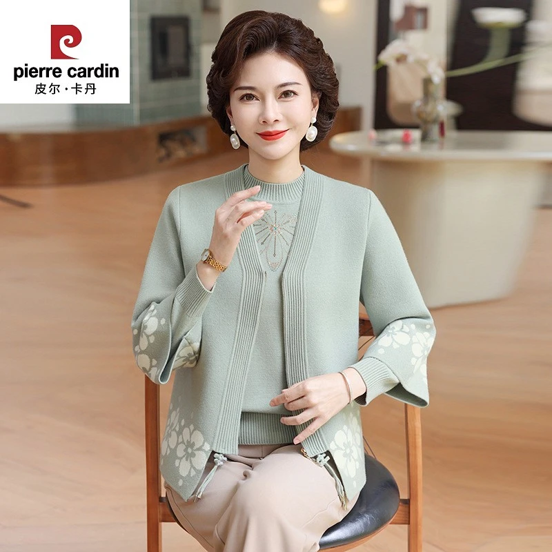 皮尔卡丹妈妈春季新款针织两件套开衫中老年女装秋冬装毛衣中国风