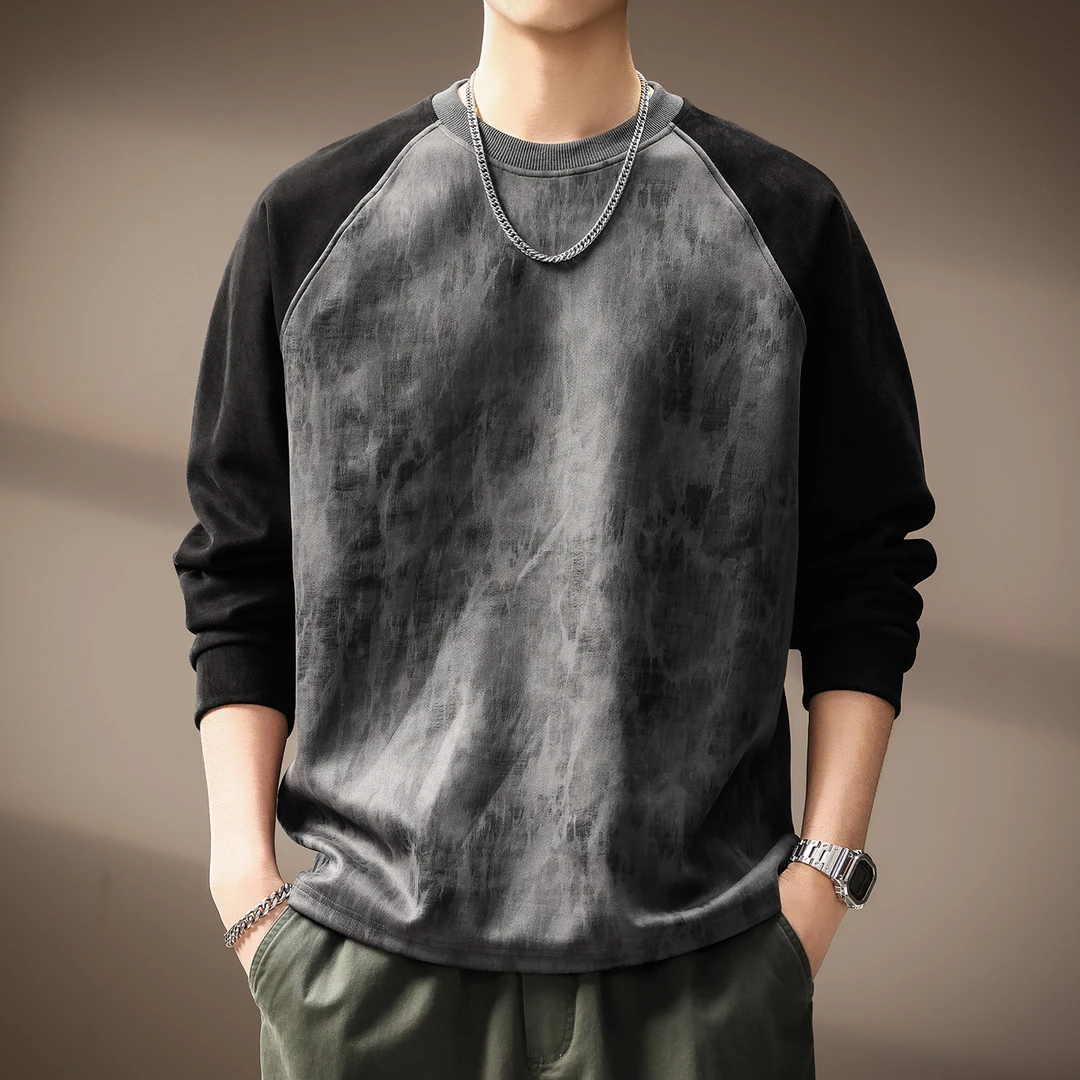 高端水墨晕染复古拼接圆领卫衣男秋季新款潮牌宽松百搭质感打底衫