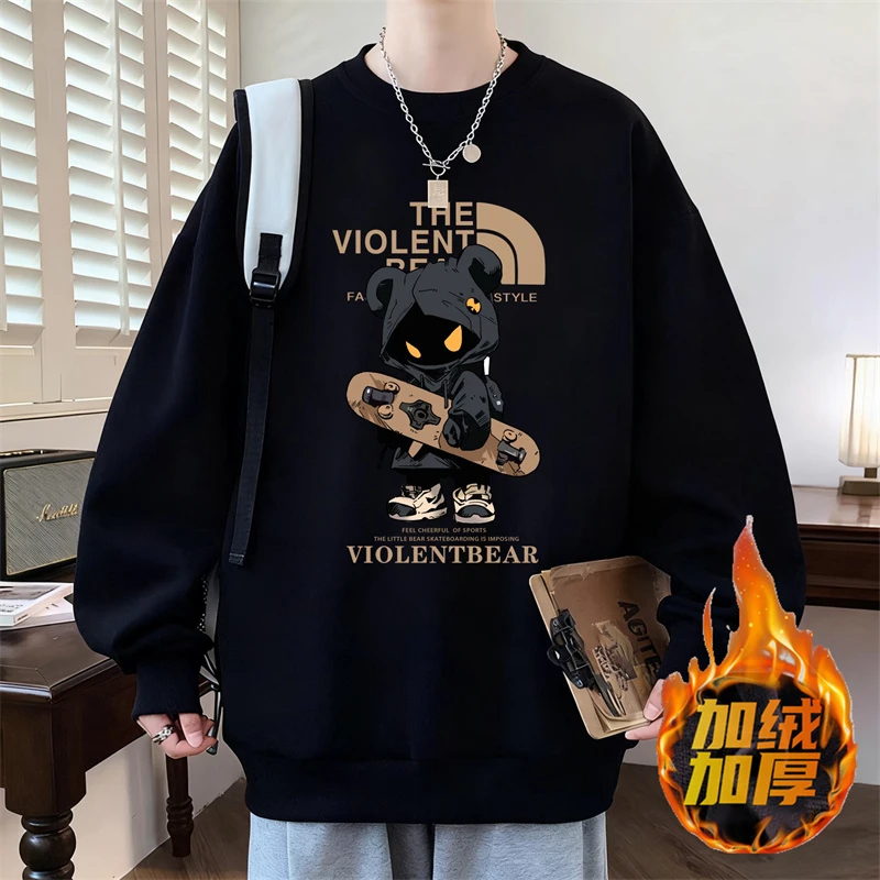 冬季重磅加绒圆领卫衣男青少年时尚休闲大码宽松百搭韩版印花上衣