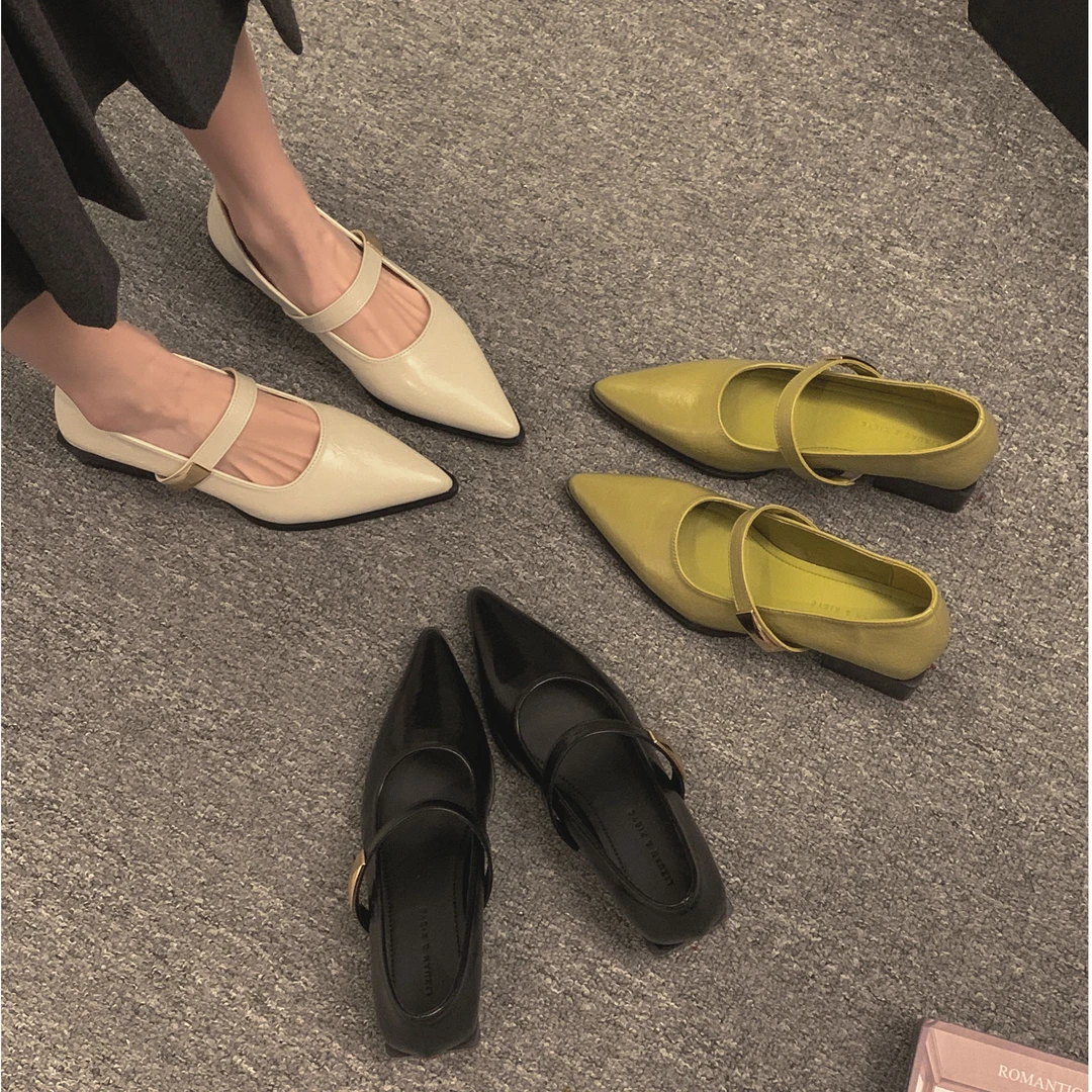 贾不假尖头方根单鞋女式一字带魔术贴高跟鞋气质皮面通勤玛丽珍鞋