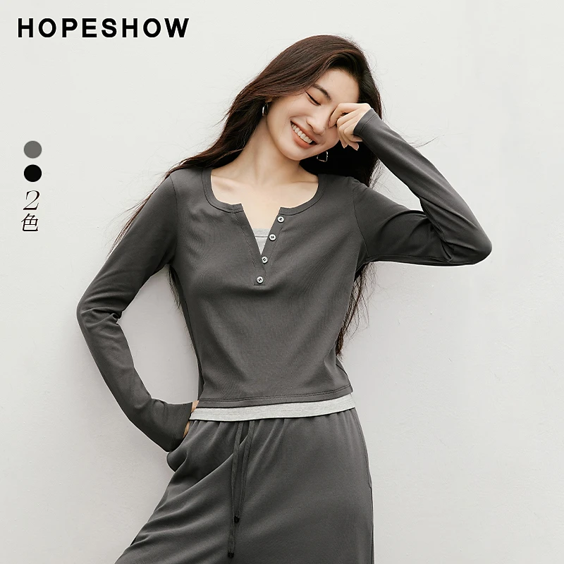 红袖2025秋季新款女装 假两件撞色亨利领正肩套头上衣90225280201