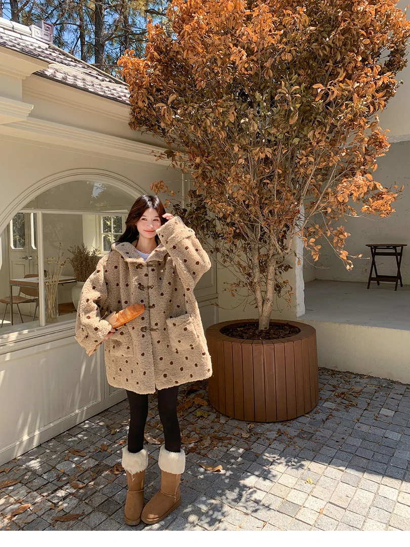 人造皮草 波点连帽仿羊羔毛上衣宽松保暖慵懒秋冬季中长款外套女