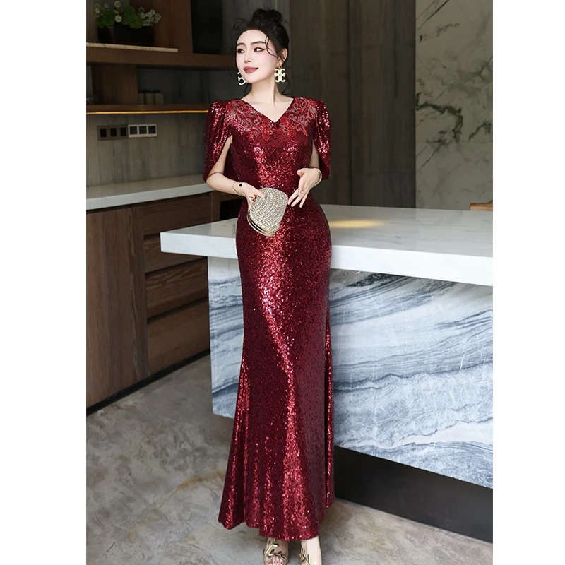 高定女装重工亮片订珠绣花斗篷时尚修身礼服长裙婚礼宴会连衣裙女