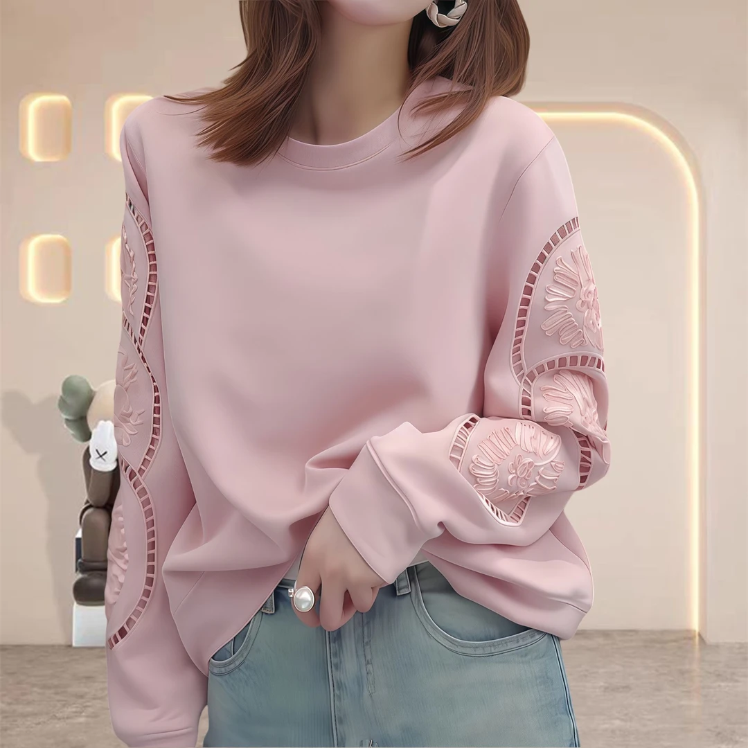 秋季多巴胺服装女镂空花朵长袖圆领粉色卫衣慵懒套头休闲显瘦上衣