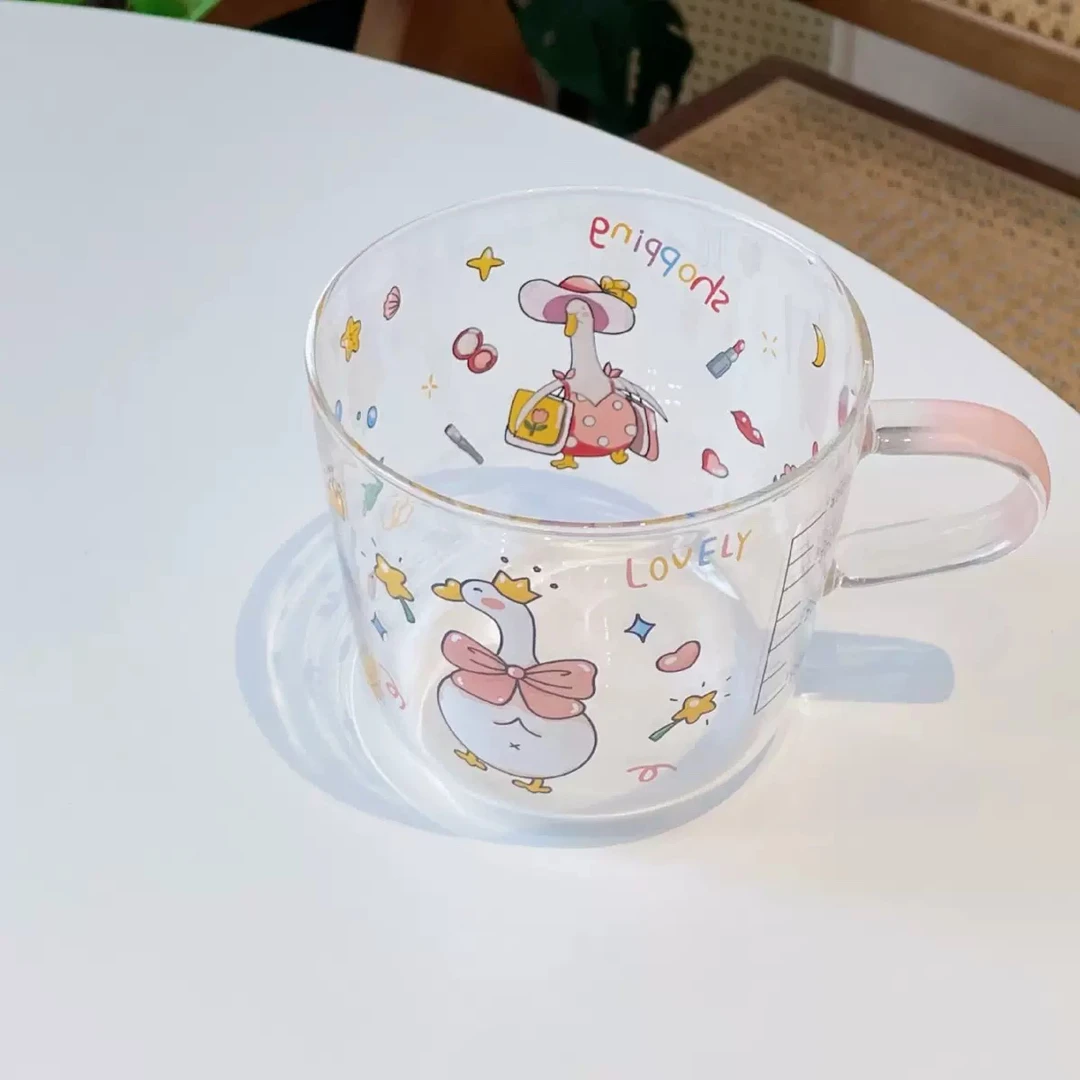 萌萌鸭玻璃水杯刻度杯耐热防爆耐高温大容量高硼硅牛奶杯子早餐