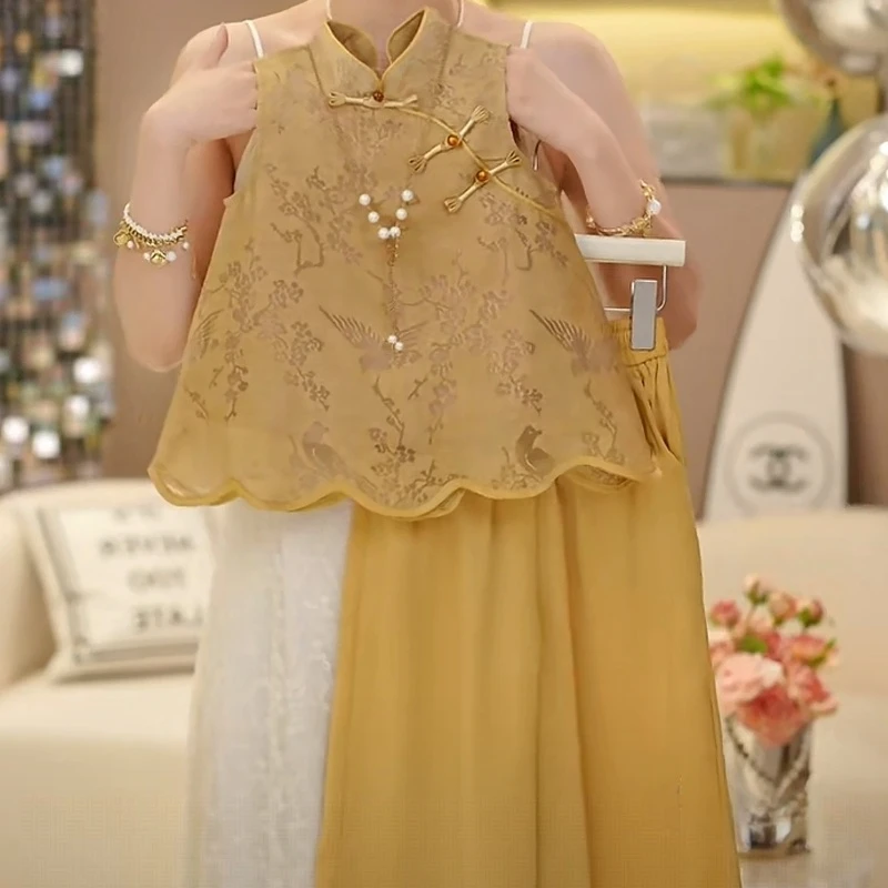 新中式国风套装女童2025新款夏装大童洋气短袖阔腿裤裙儿童两件套