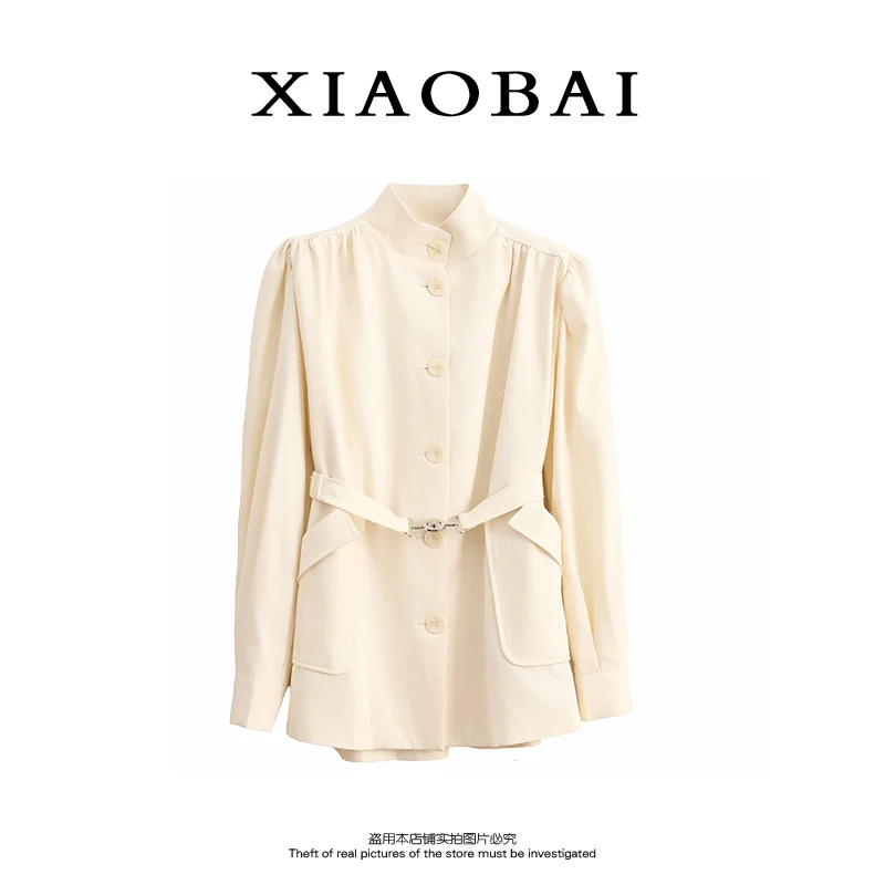 XIAOBAI立领秋季中长款纯色时尚长袖风衣裙