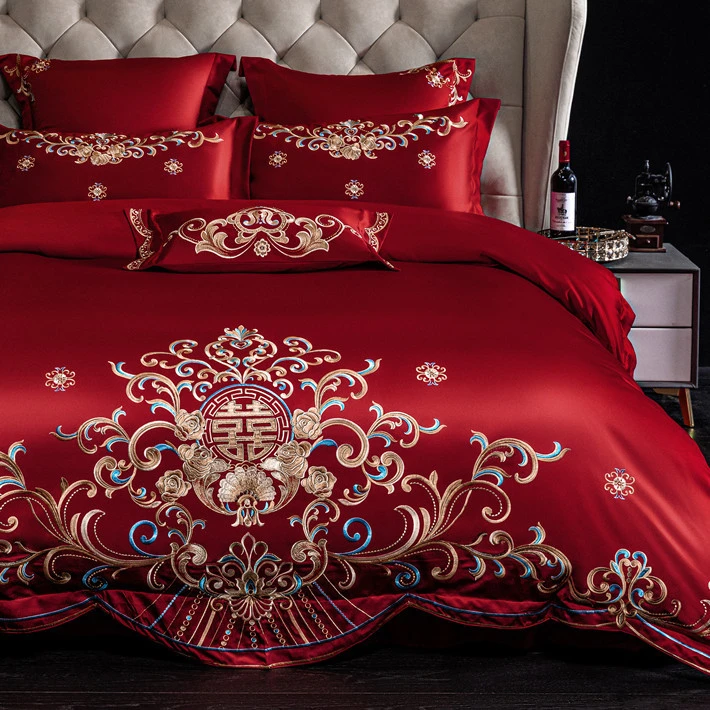 博洋家纺适用欧式新婚庆四件套A类200支长绒棉被套红色纯棉结