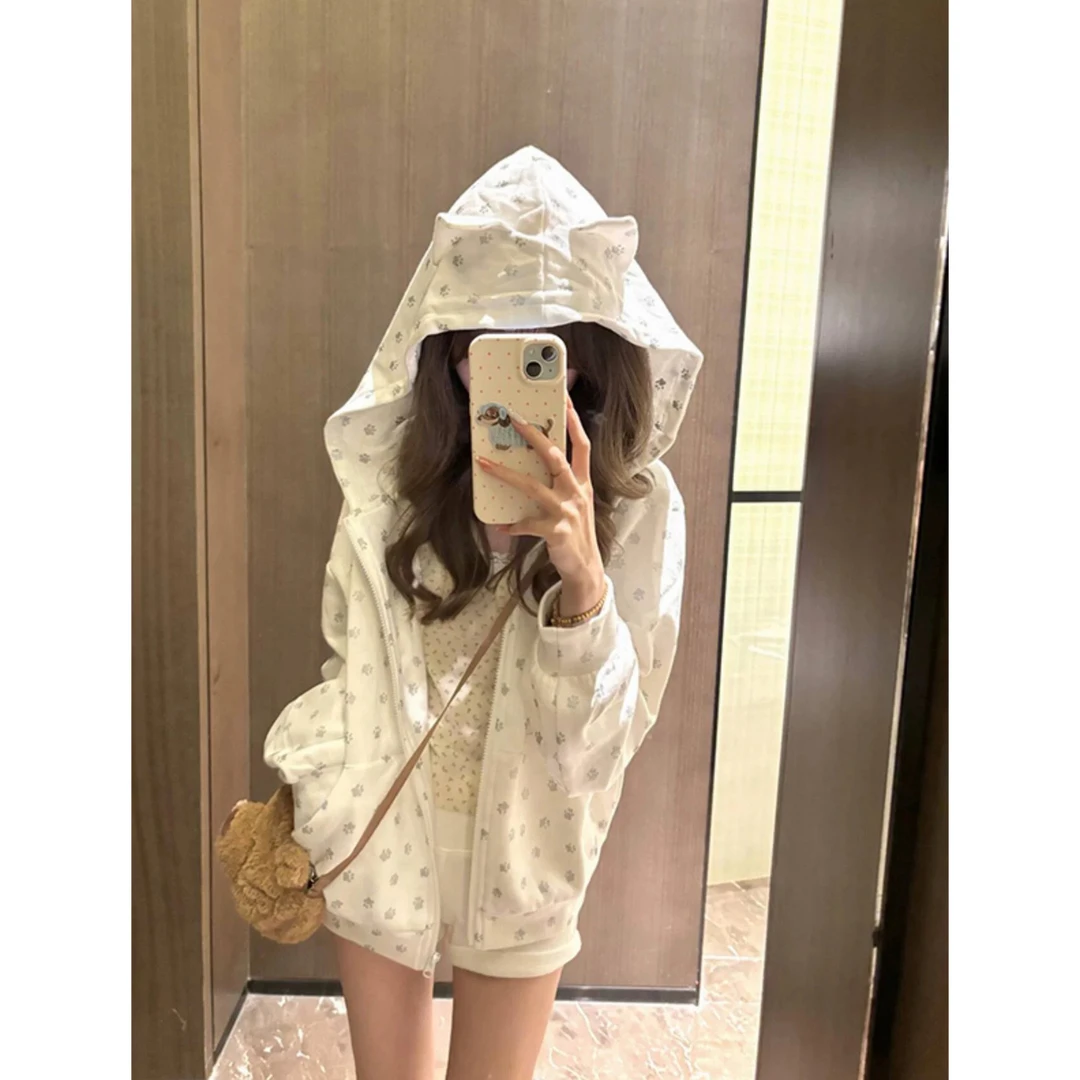 纯棉可爱小猫耳朵连帽开衫卫衣女春秋狗爪印花韩系甜辣慵懒风外套