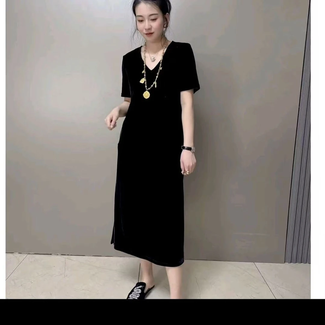 简约大气连衣裙2025夏季新款时尚高级感金丝绒宽松显瘦气质长裙