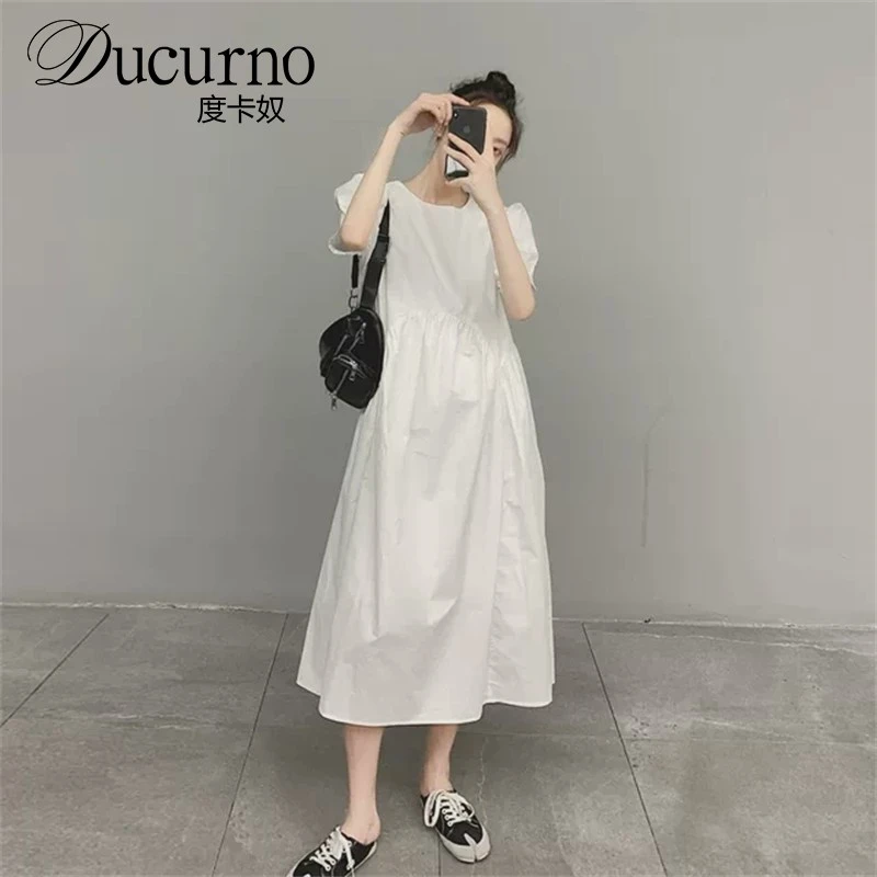 高级感2025年新款仙气超仙森系泡泡袖长裙宽松休闲白色连衣裙女夏