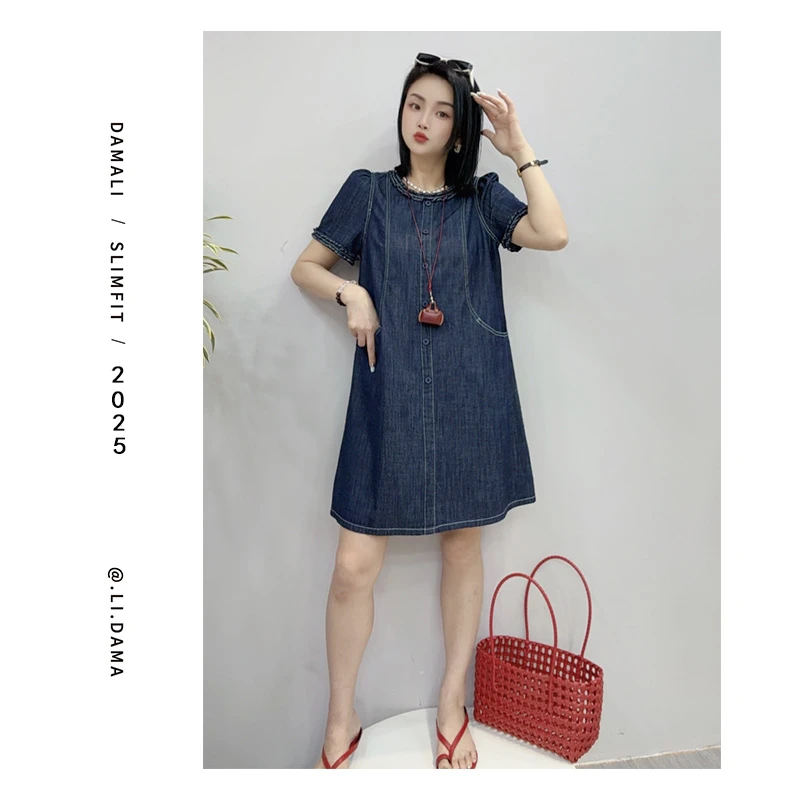 大码利-夏上新【一排口木耳边口袋】韩版牛仔连衣裙