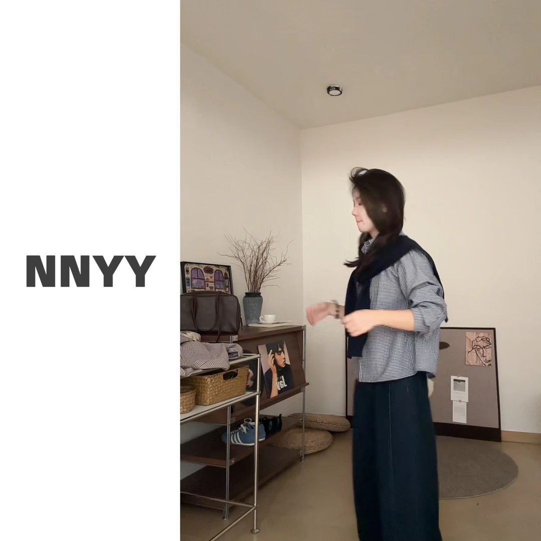 阿虞 两件套｜韩系宽松百搭细格衬衫披肩套装