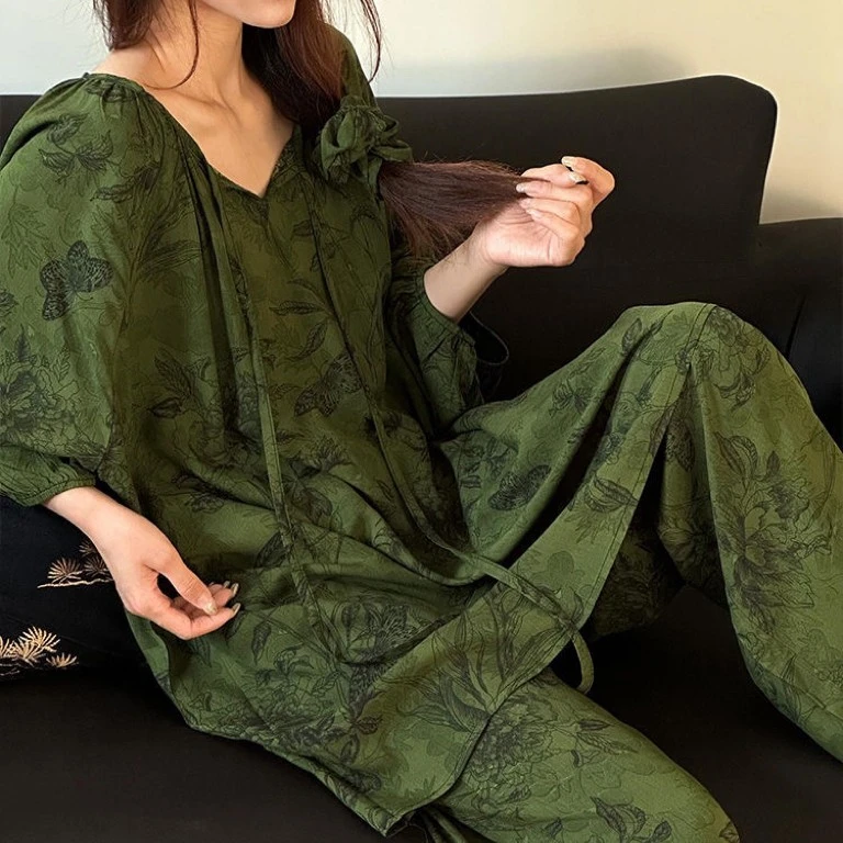 【口袋款居家套装】遛弯长袖女家居服棉绸夏秋睡衣套装宽松幂式穿搭
