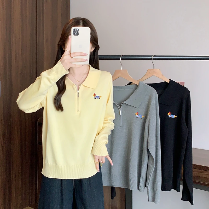 2025秋装新款胖mm大码女减龄刺绣小狗半开领长袖针织上衣72003