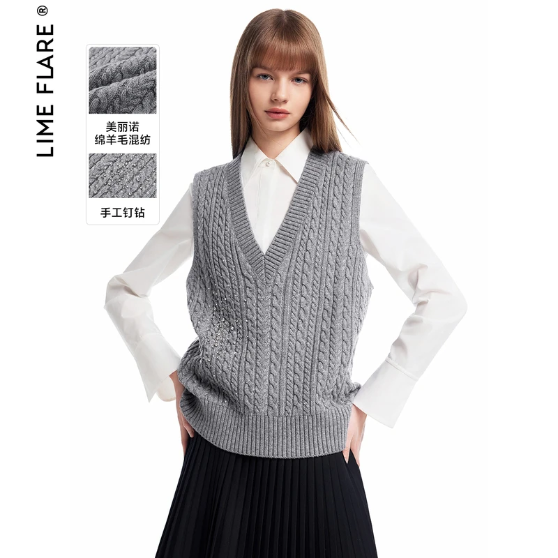 莱茵福莱尔格雷系学院风重工钉珠针织马甲羊毛背心LMFD18KVT288