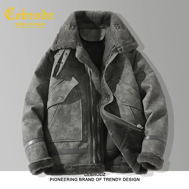 法国Cebrodz高档专柜冬装羊羔毛外套男皮毛一体加厚麂皮夹克宽松