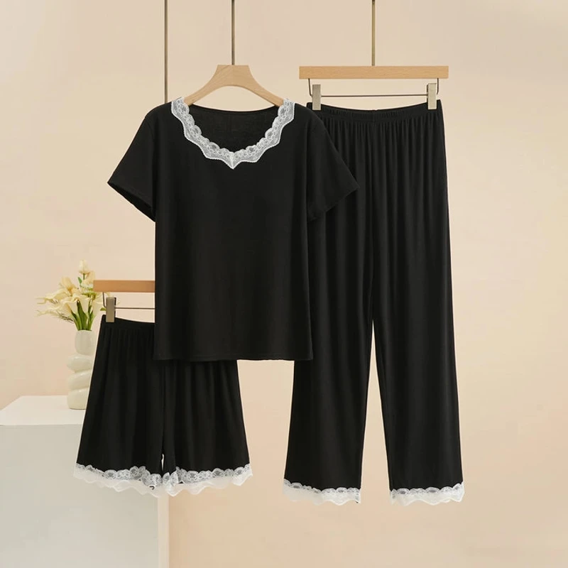 带胸垫睡衣女春夏秋季莫代尔条纹棉短袖长裤蕾丝可外穿家居服三件