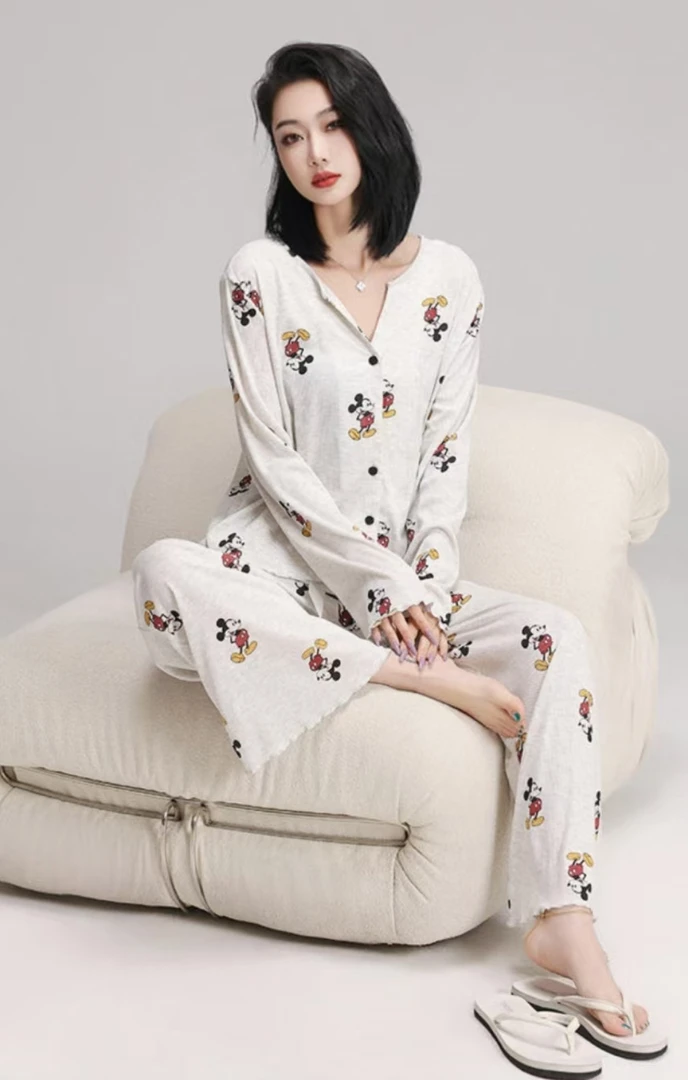 春秋季新款莫代尔棉韩版可爱米奇V领开衫可外穿女款家居服睡衣
